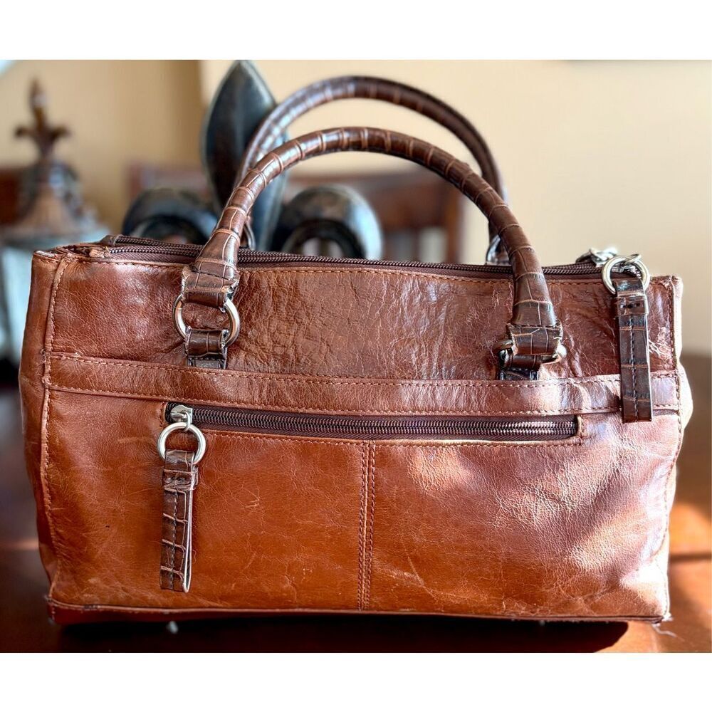 GIANI BERNINI - Double Zip Glazed Leather Satchel/Espresso w/Faux Leather Trim - Picture 8 of 16